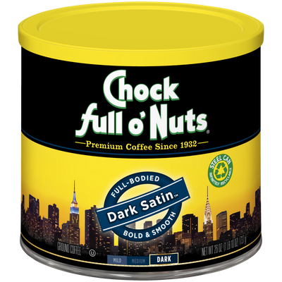 A tin of Dark Satin - Dark - Ground coffee beans from Chock full o'Nuts, perfect for coffee lovers.