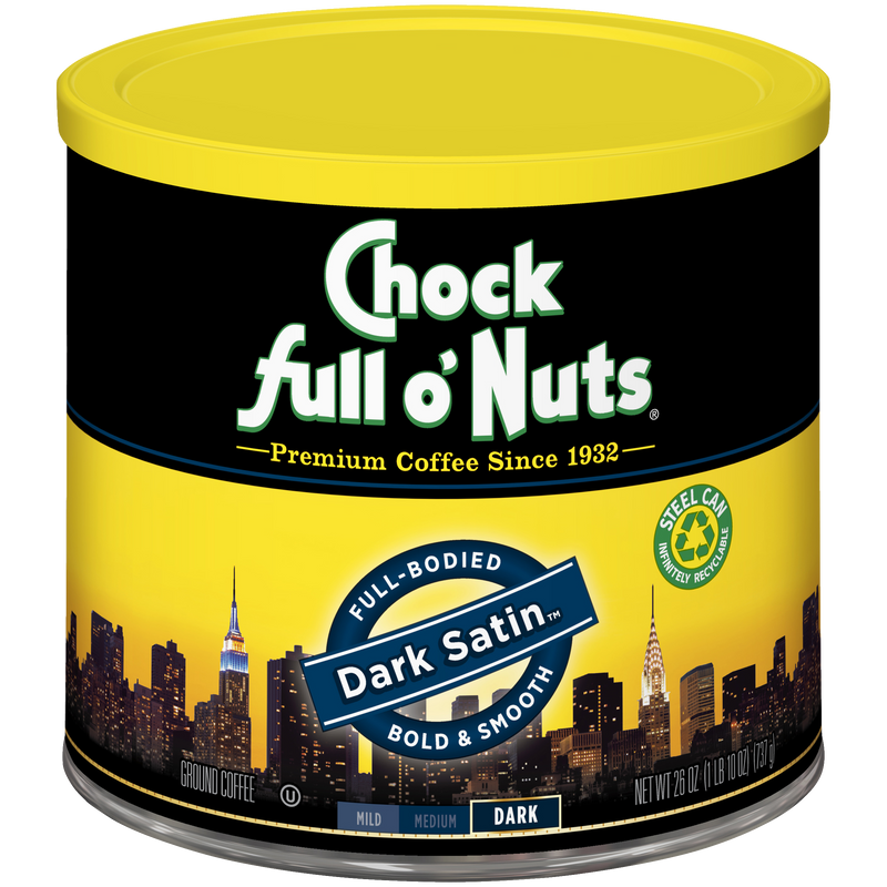 A tin of Dark Satin - Dark - Ground coffee beans from Chock full o'Nuts, perfect for coffee lovers.