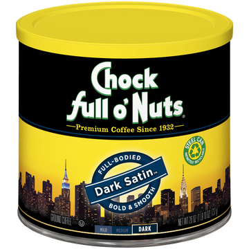 A tin of Dark Satin - Dark - Ground coffee beans from Chock full o'Nuts, perfect for coffee lovers.