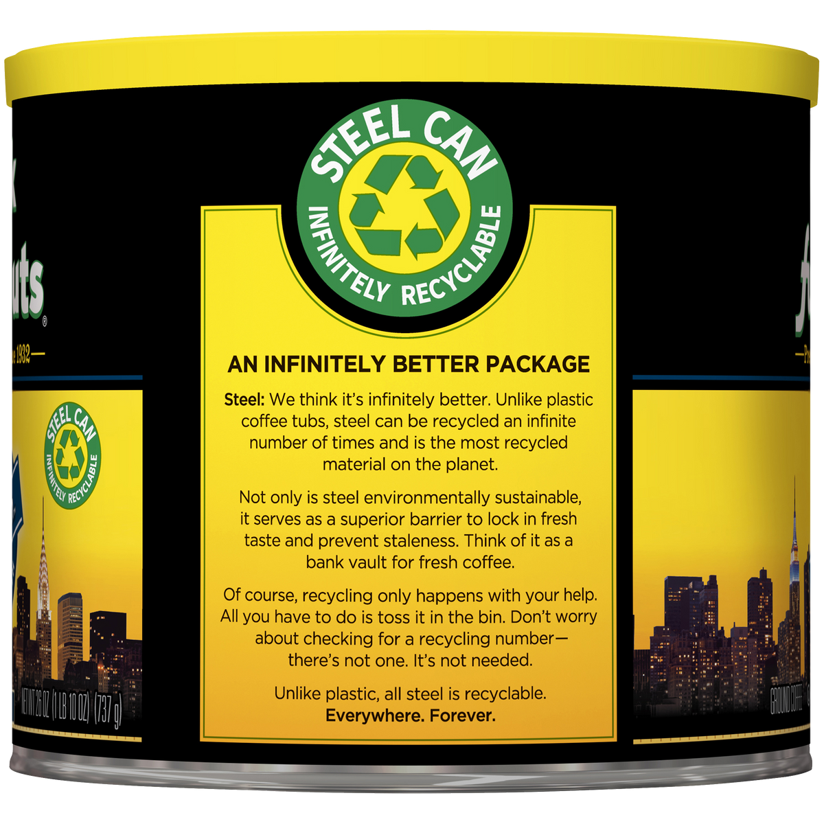 A can of Dark Satin steel cat litter with a city skyline on it by Chock full o'Nuts.