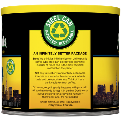 A can of Dark Satin steel cat litter with a city skyline on it by Chock full o'Nuts.