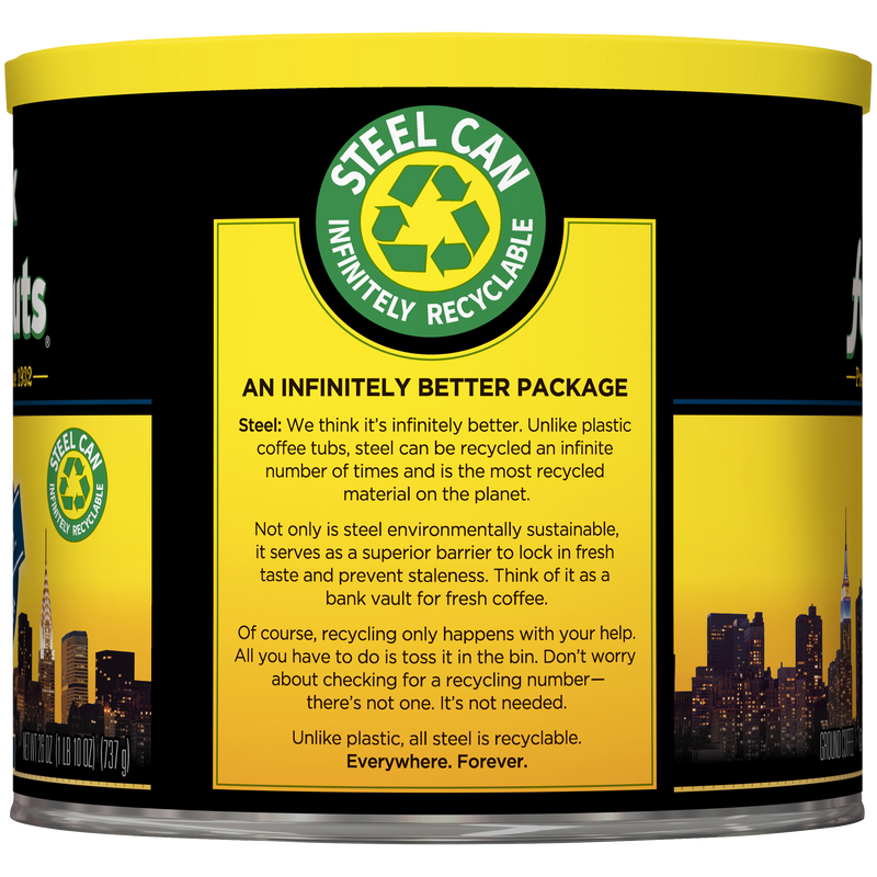 A can of Dark Satin steel cat litter with a city skyline on it by Chock full o'Nuts.