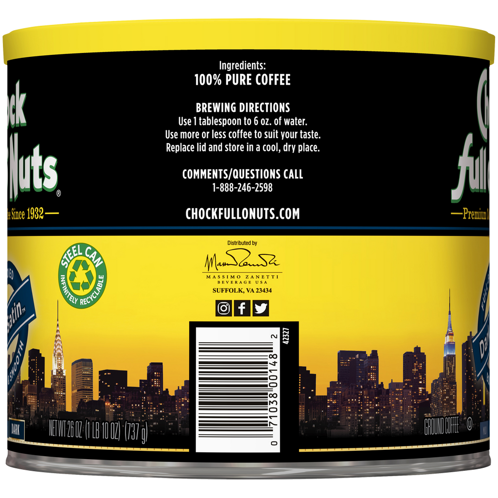 A tin of Dark Satin - Dark - Ground premium coffee beans featuring a city skyline by Chock full o'Nuts.