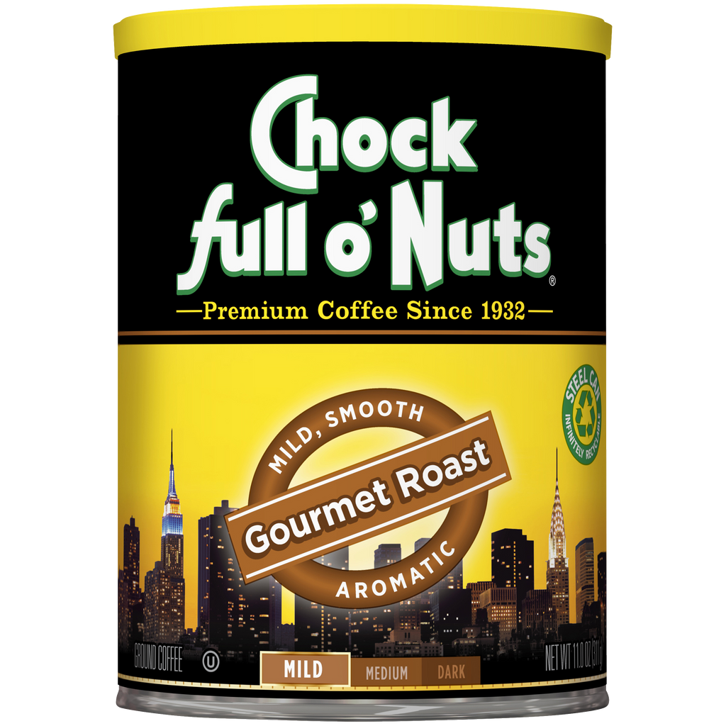 A can of Chock full o'Nuts Gourmet Roast - Mild - Ground, full of gourmet roast nuts.