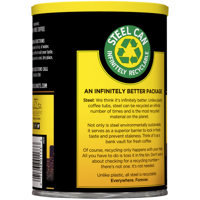 A premium blend of Chock full o'Nuts gourmet roast mild ground can dog food with a label on it.