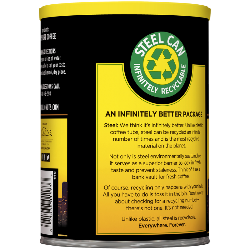 A premium blend of Chock full o'Nuts gourmet roast mild ground can dog food with a label on it.