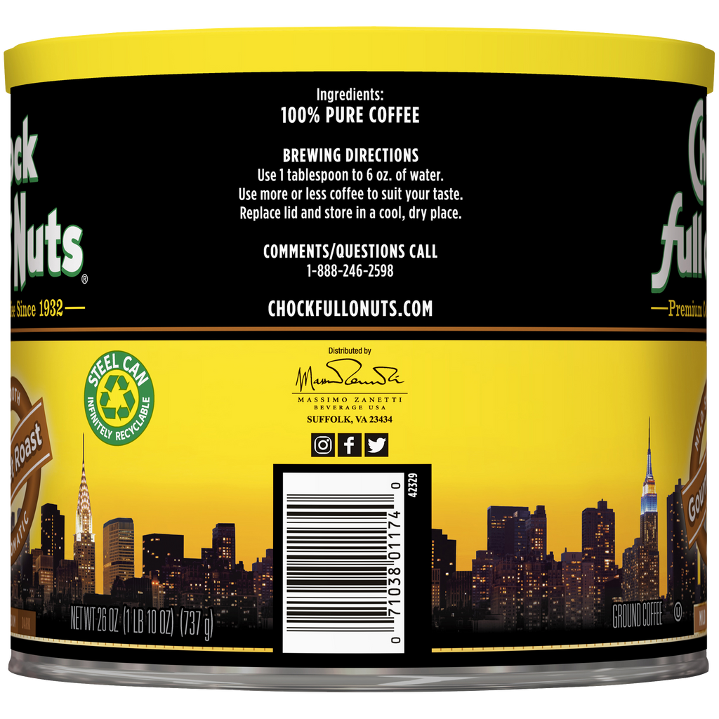 A premium blend of Chock full o'Nuts Gourmet Roast - Mild - Ground coffee beans with a city skyline in the background.