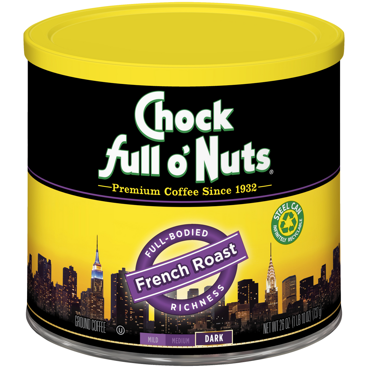 A can of premium Chock full o'Nuts French Roast - Dark - Ground coffee.