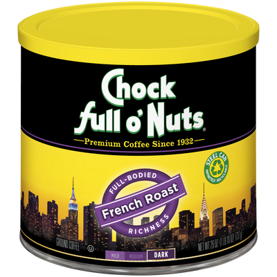 A can of premium Chock full o'Nuts French Roast - Dark - Ground coffee.