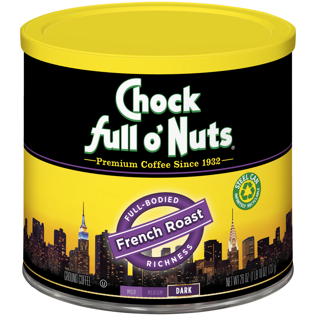 A can of premium Chock full o'Nuts French Roast - Dark - Ground coffee.