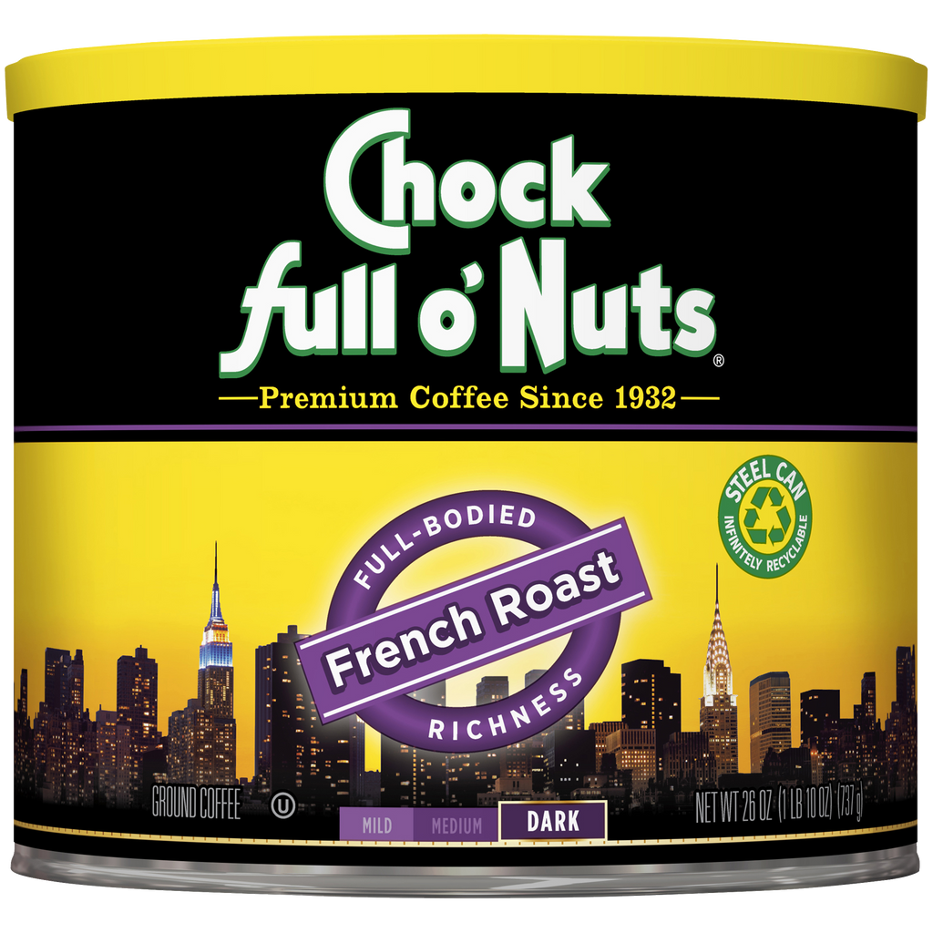 A tin of Chock full o'Nuts French Roast - Dark - Ground coffee.