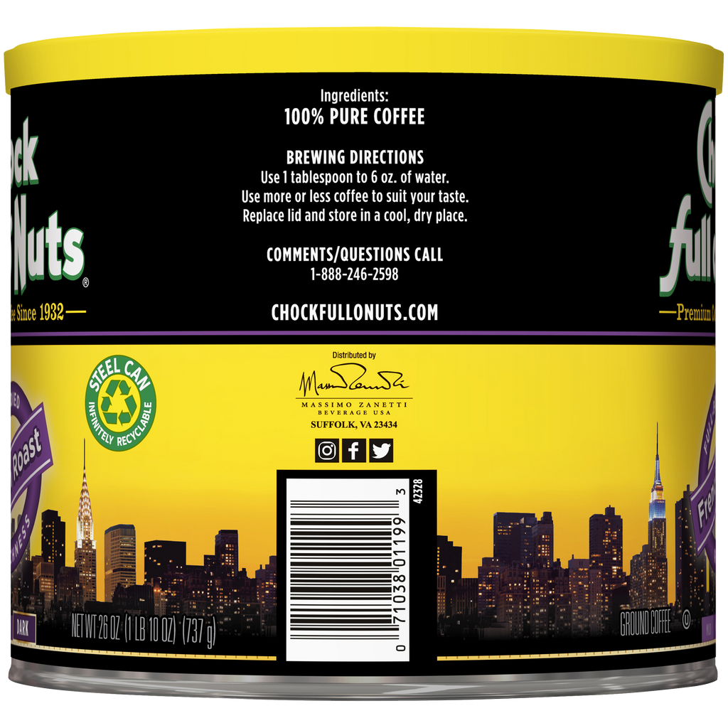 A tin of Chock full o'Nuts French Roast - Dark - Ground coffee beans with a city skyline in the background.