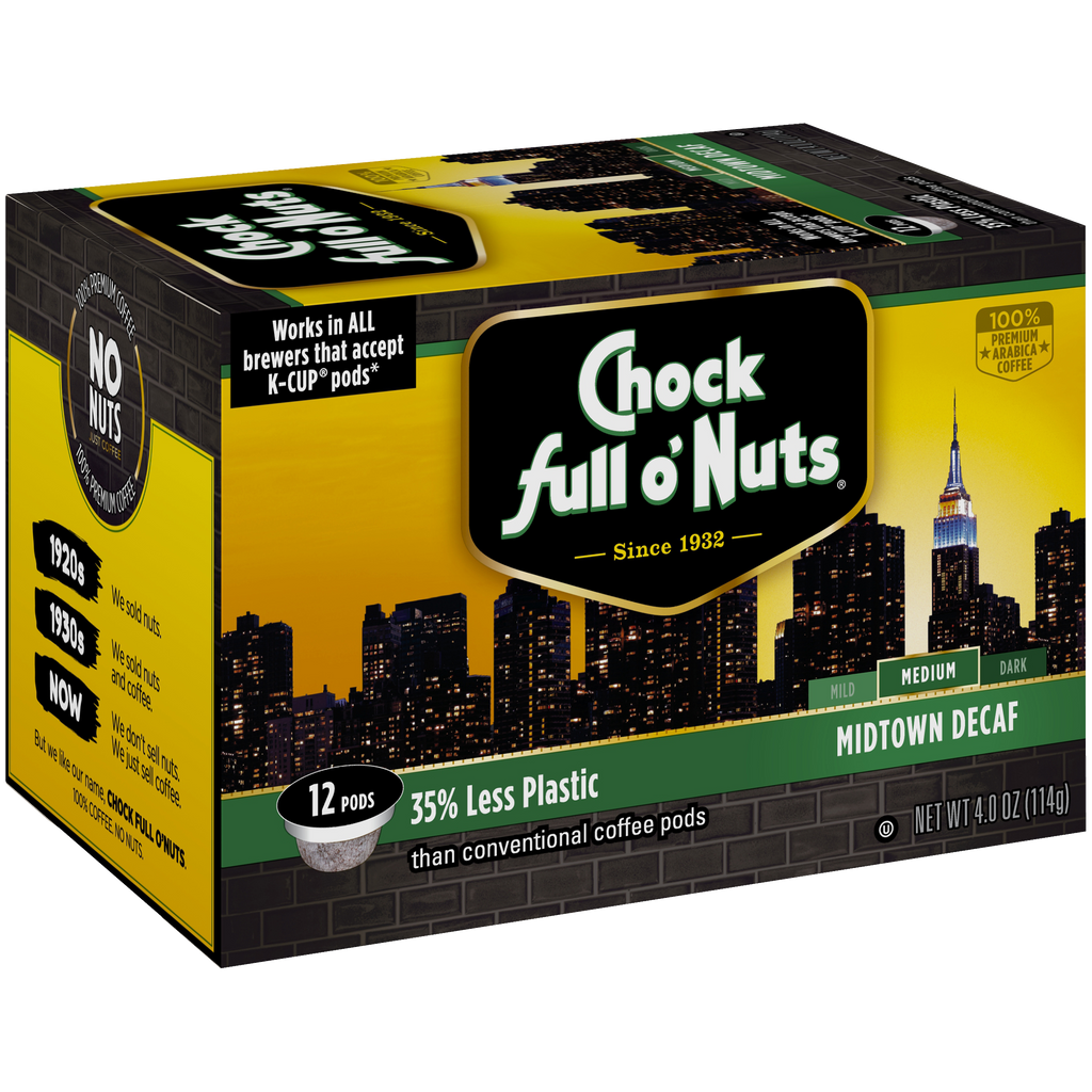 A box of Midtown Decaf single-serve pods full of arabica flavor by Chock full o'Nuts.