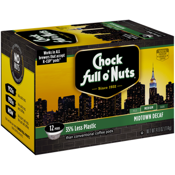 A box of Midtown Decaf single-serve pods full of arabica flavor by Chock full o'Nuts.