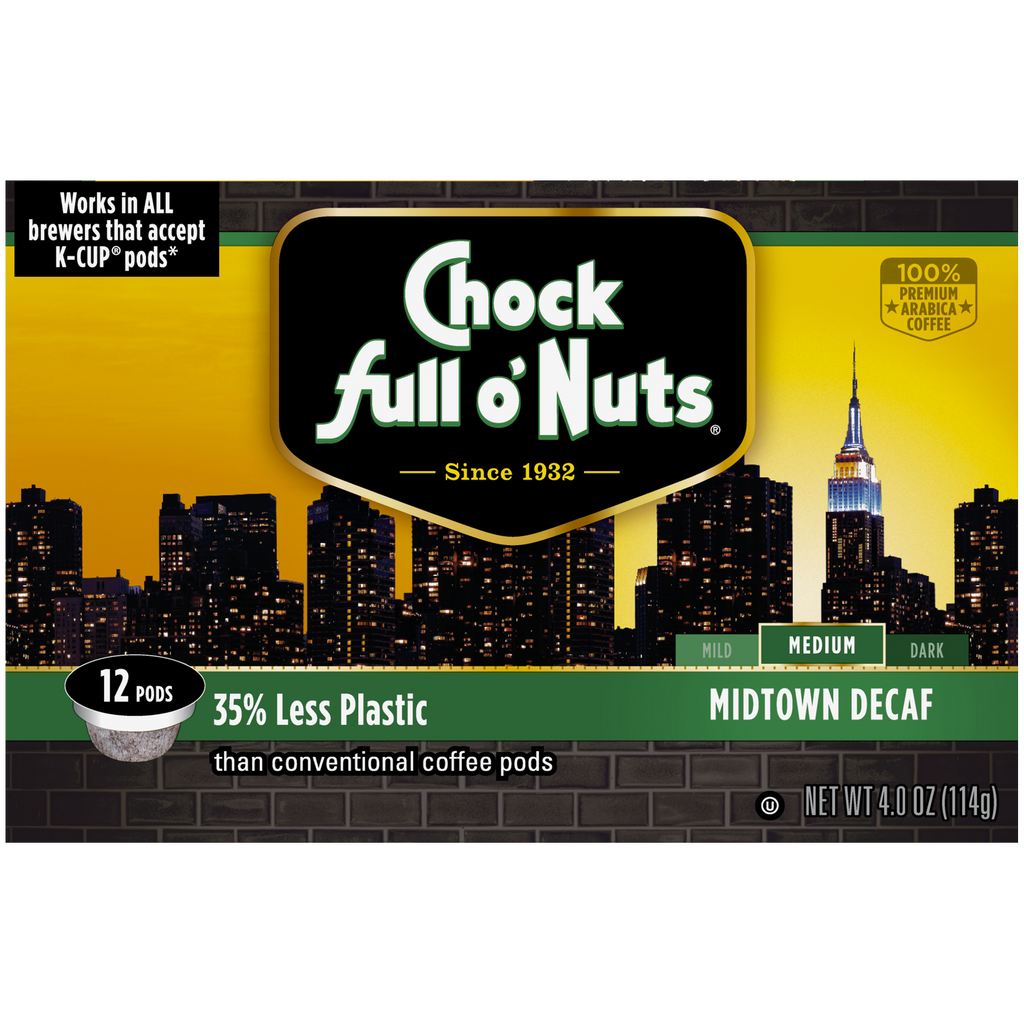 Check out our latest advertisement for Midtown Decaf single-serve pods, made with high-quality arabica beans. Enjoy a delicious cup of coffee any time of day with Chock full o'Nuts premium blends.