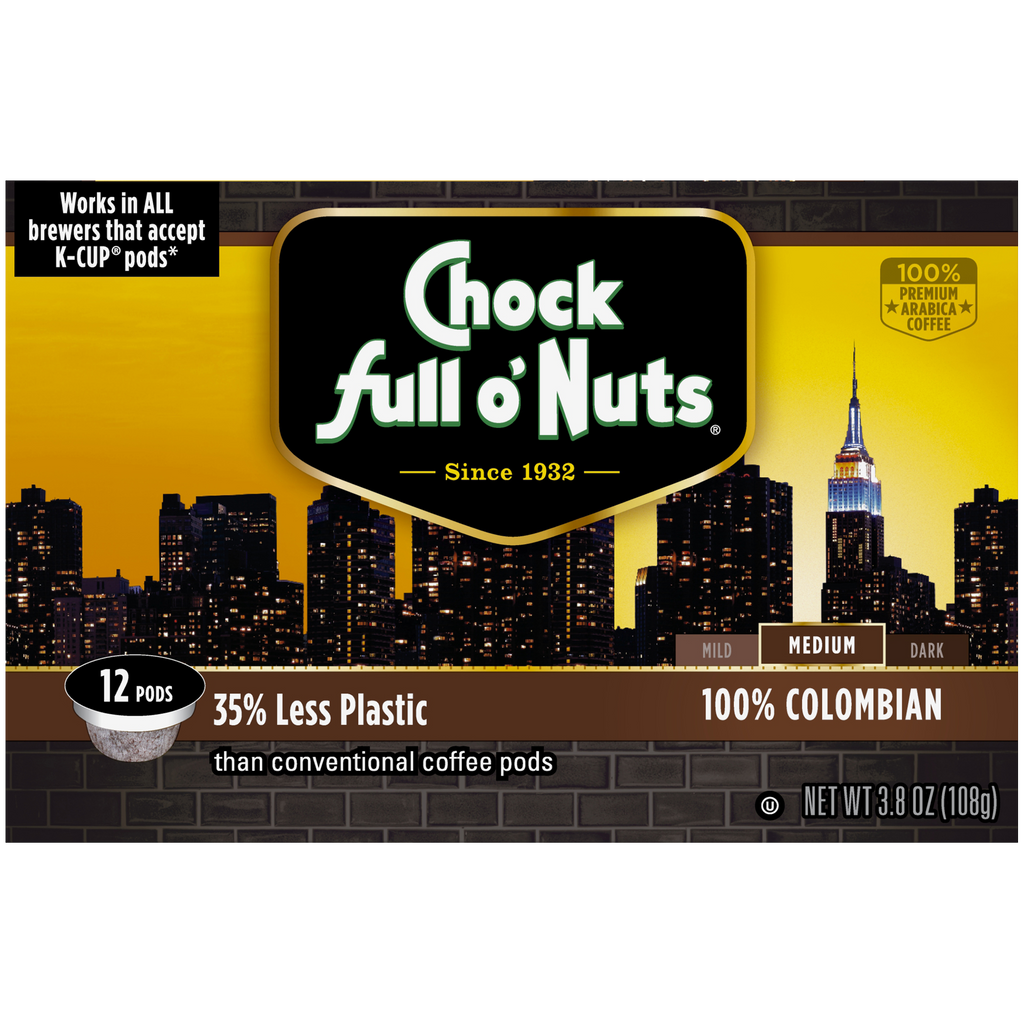 A box of Chock full o'Nuts 100% Colombian Single-Serve Pods Medium coffee.