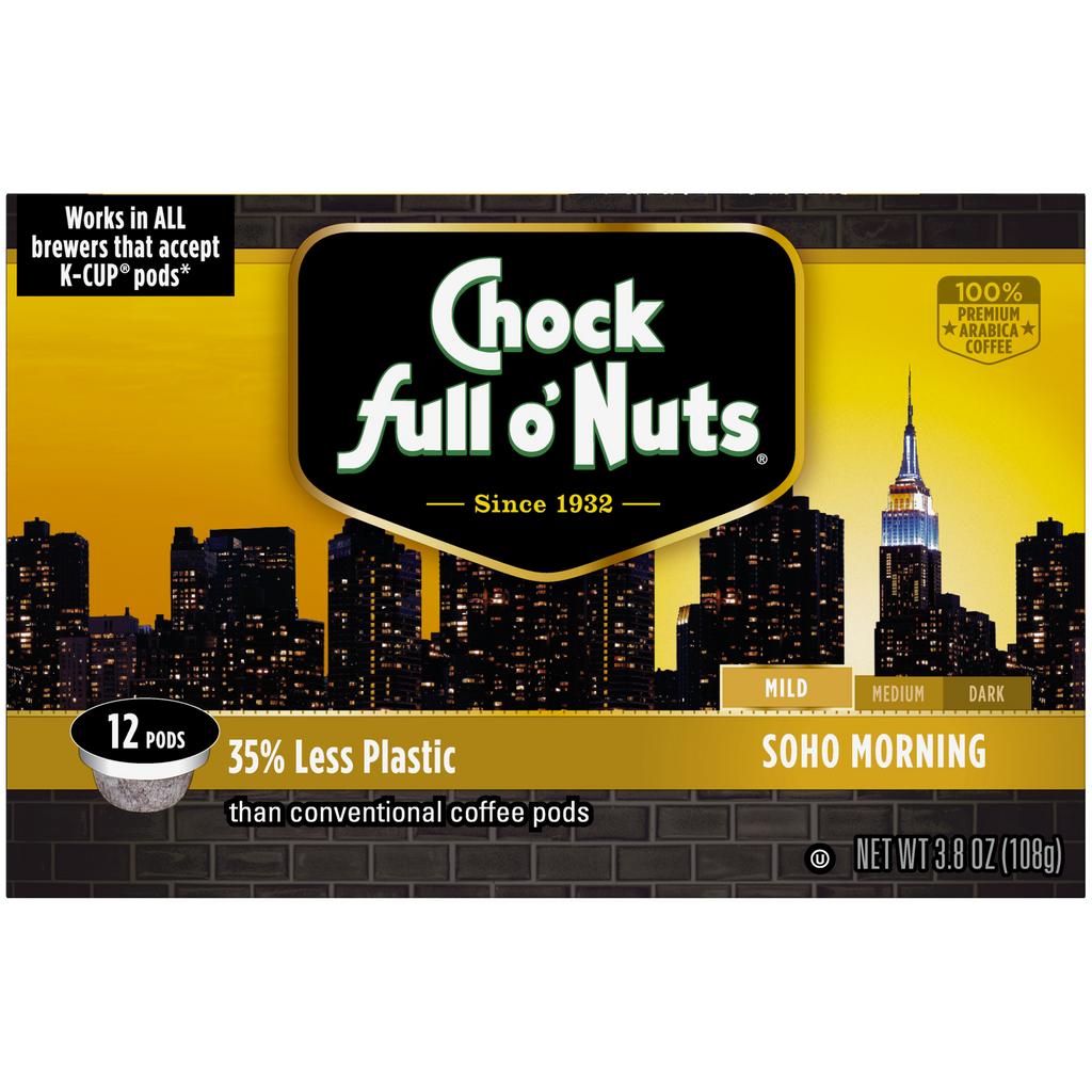 A box of Soho Morning - Single-Serve Pods - Mild coffee, full of nuts by Chock full o'Nuts.