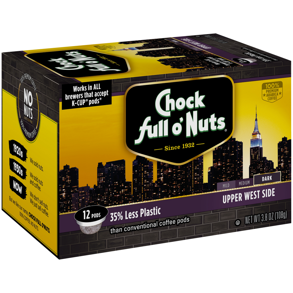 A box of Upper West Side Single-Serve Pods - Dark for Keurig 2.0 single serve machines from Chock full o'Nuts.