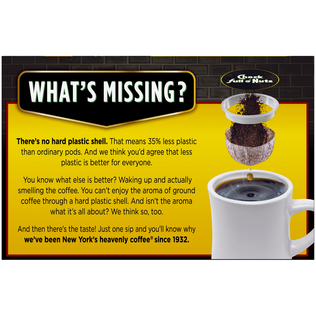 What's missing in your morning routine? Perhaps a single serve Chock full o'Nuts Keurig 2.0 coffee maker would be the perfect addition with Upper West Side - Single-Serve Pods - Dark.