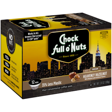 A box of Heavenly Hazelnut single-serve pods compatible with Keurig 2.0 by Chock full o'Nuts.