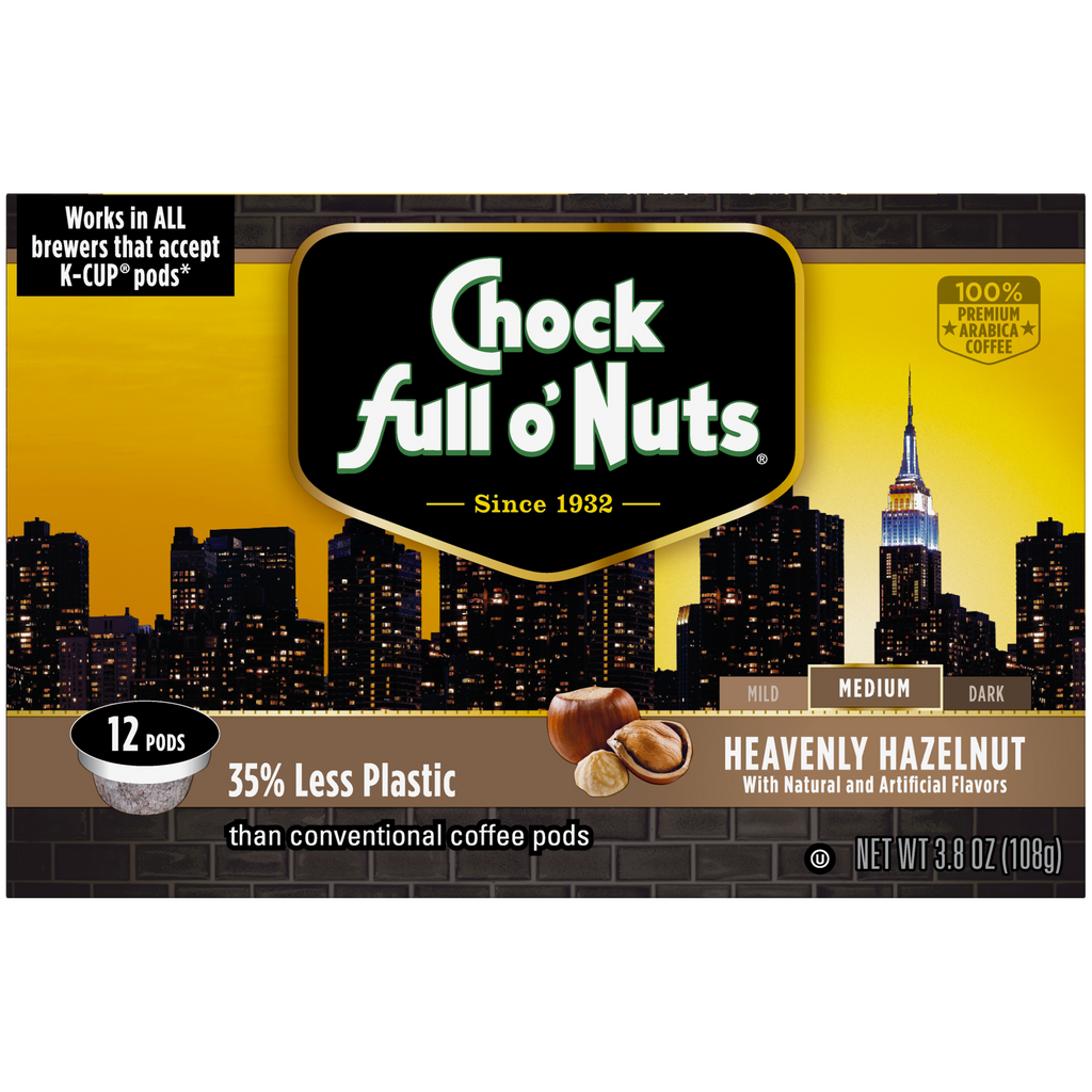 A box full of Heavenly Hazelnut by Chock full o'Nuts single-serve pods and premium Arabica coffee.