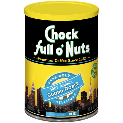 A can of premium Chock full o'Nuts Cuban Roast - Dark - Ground coffee.
