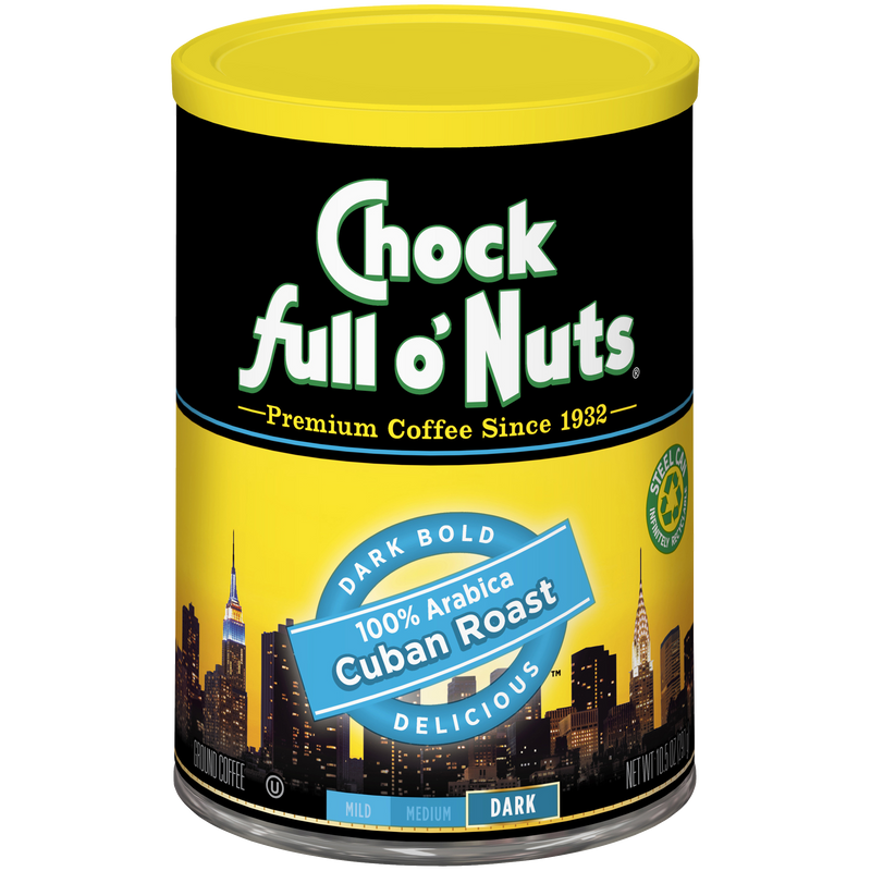 A can of premium Chock full o'Nuts Cuban Roast - Dark - Ground coffee.