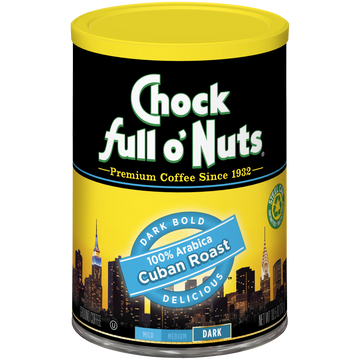 A can of premium Chock full o'Nuts Cuban Roast - Dark - Ground coffee.