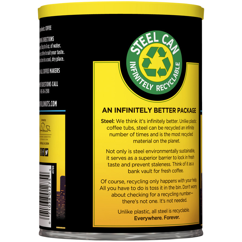 A premium can of Chock full o'Nuts Cuban Roast dog food on a black background.