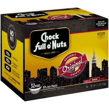 A box of Chock full o'Nuts Heavenly Original - Single-Serve Pods - Medium roast coffee for Keurig machines.