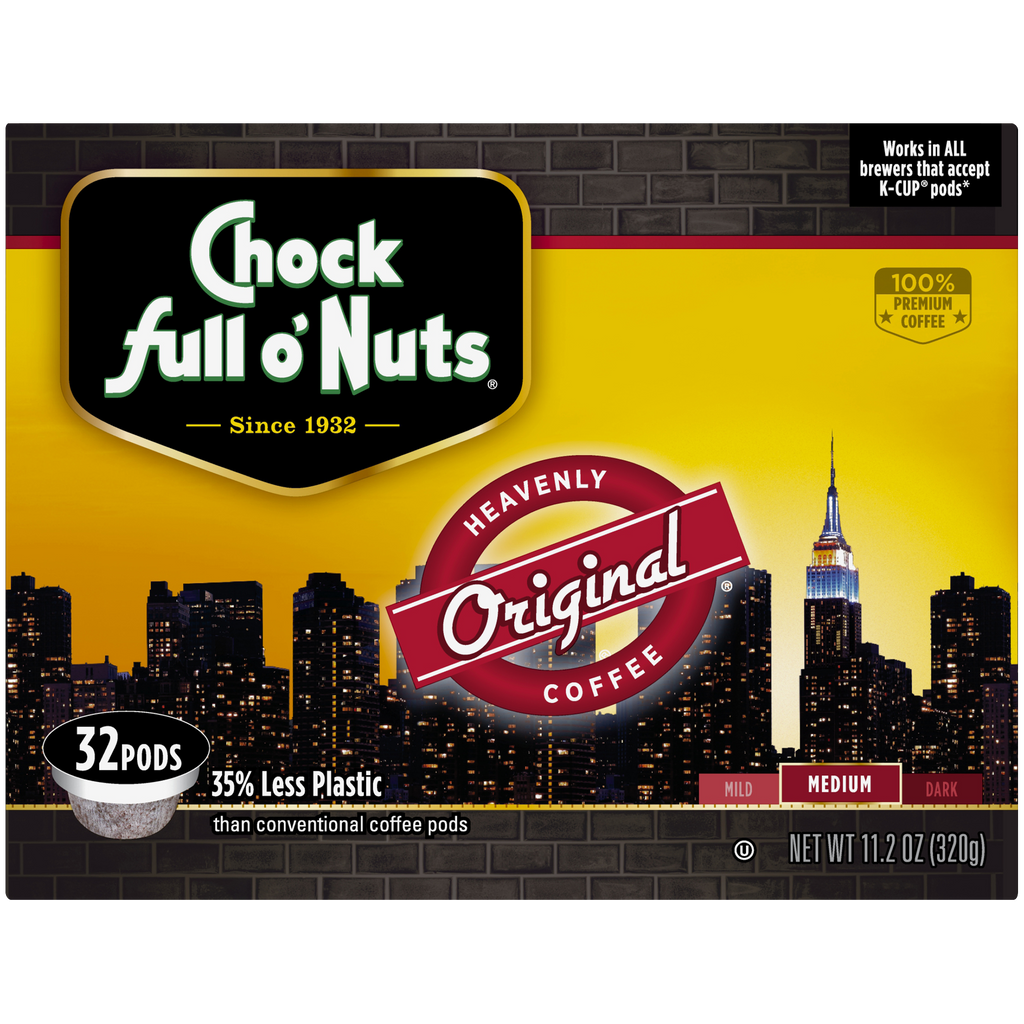 A box of Chock full o'Nuts Heavenly Original - Single-Serve Pods - Medium filled with medium roast nuts.