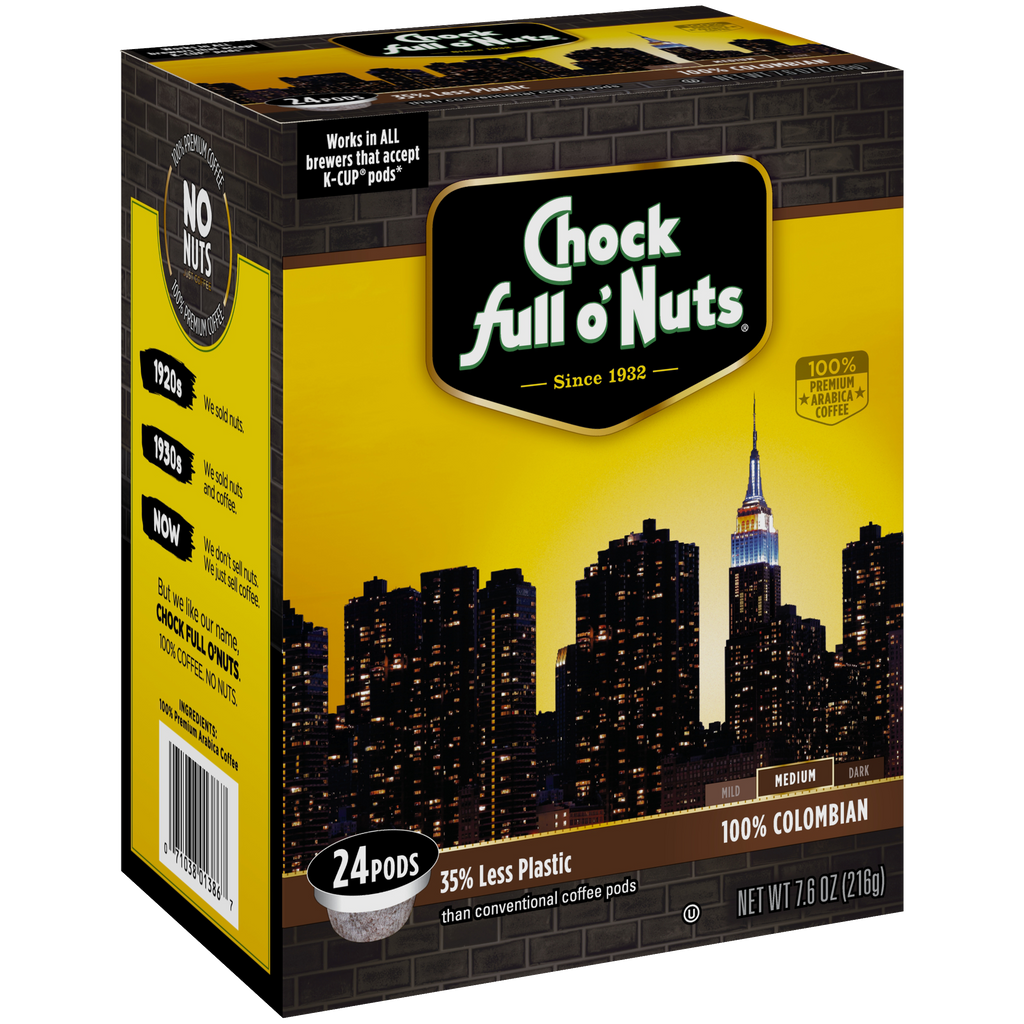 A box of Chock full o'Nuts 100% Colombian - Single-Serve Pods - Medium, compatible with Keurig 2.0.