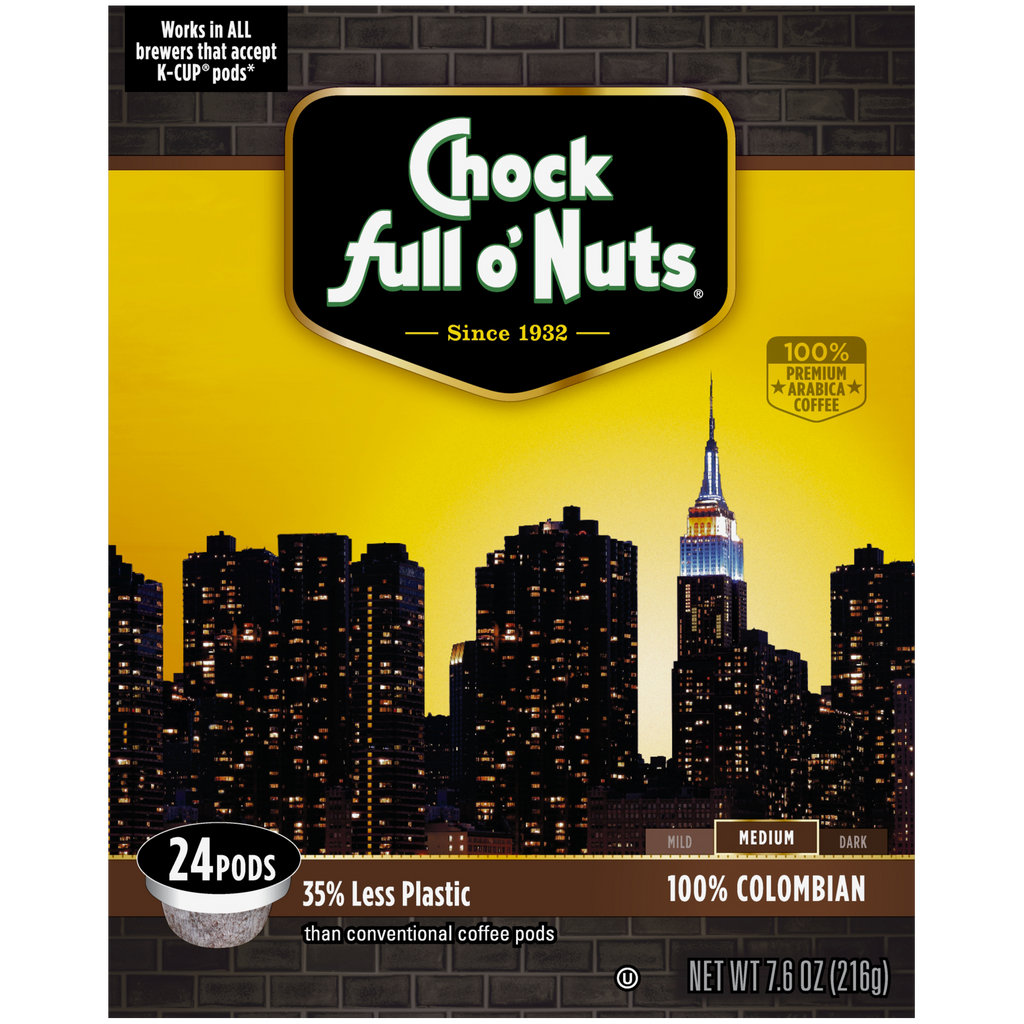 A box of 100% Colombian single-serve pods, premium arabica from Chock full o'Nuts.