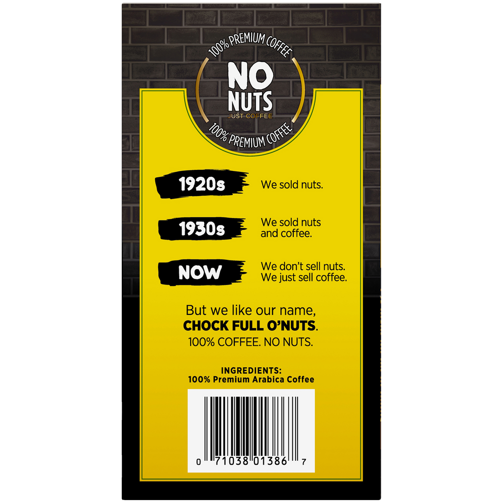 A black and yellow label with the words "no nuts" for Chock full o'Nuts 100% Colombian Single-Serve Pods - Medium.