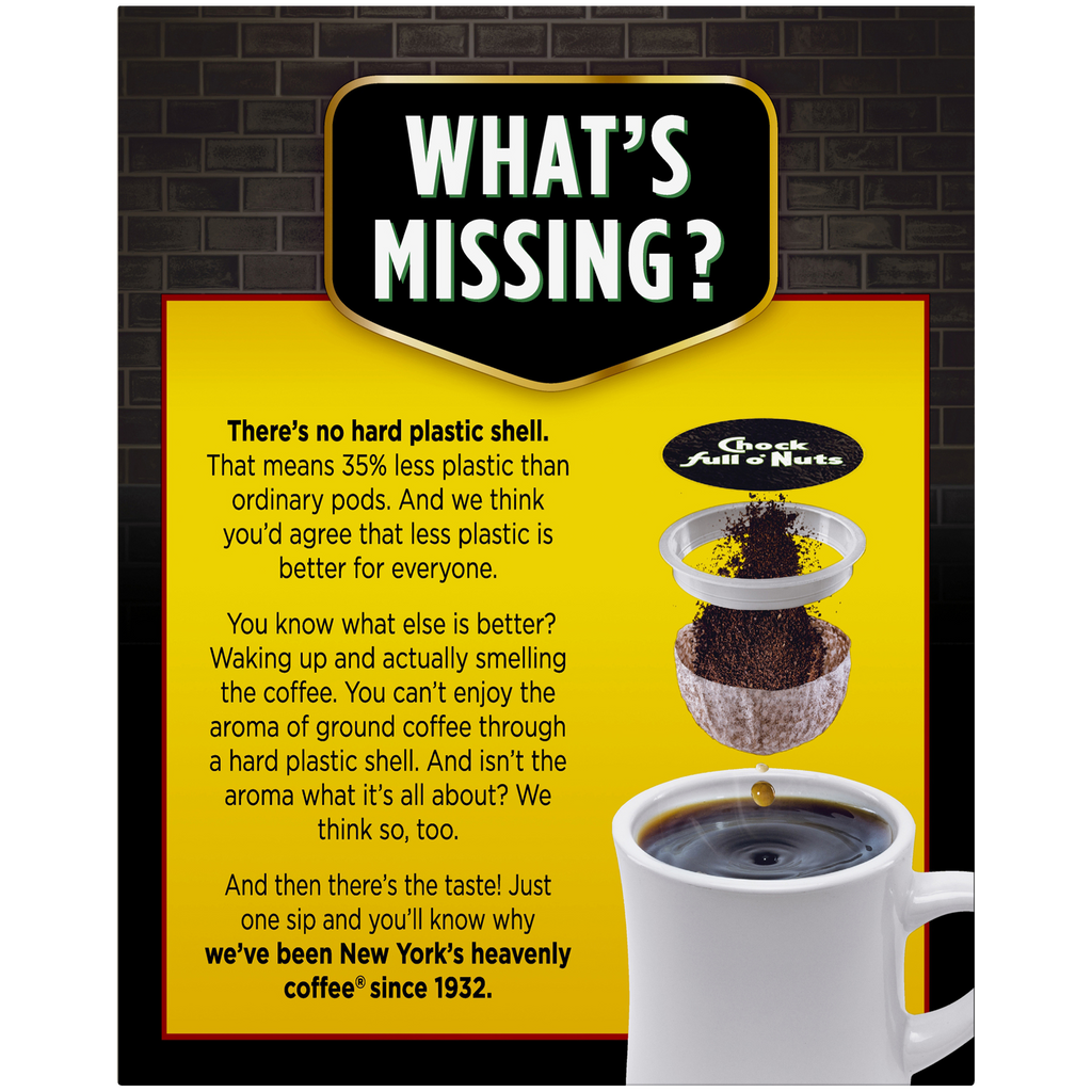 What's missing in your morning routine? Upgrade to Chock full o'Nuts 100% Colombian Single-Serve Pods - Medium that is Keurig 2.0 compatible for a convenient caffeine fix.