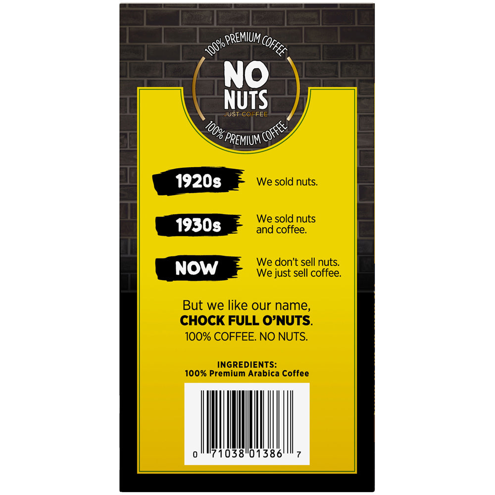 A black and yellow sign with the words "no nuts" indicates that this brand of coffee is Chock full o'Nuts 100% Colombian Single-Serve Pods Medium.