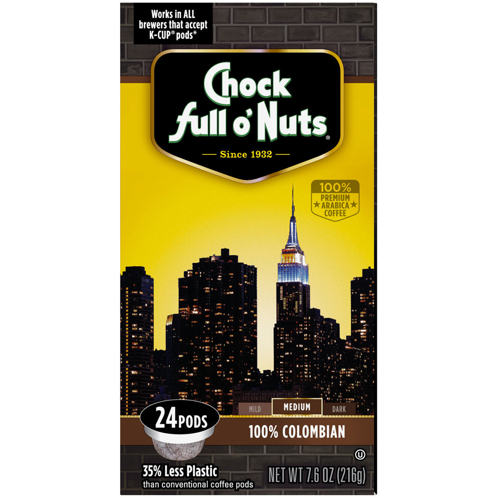 A box full of Chock full o'Nuts 100% Colombian - Single-Serve Pods - Medium, perfect for Keurig 2.0 compatible machines.