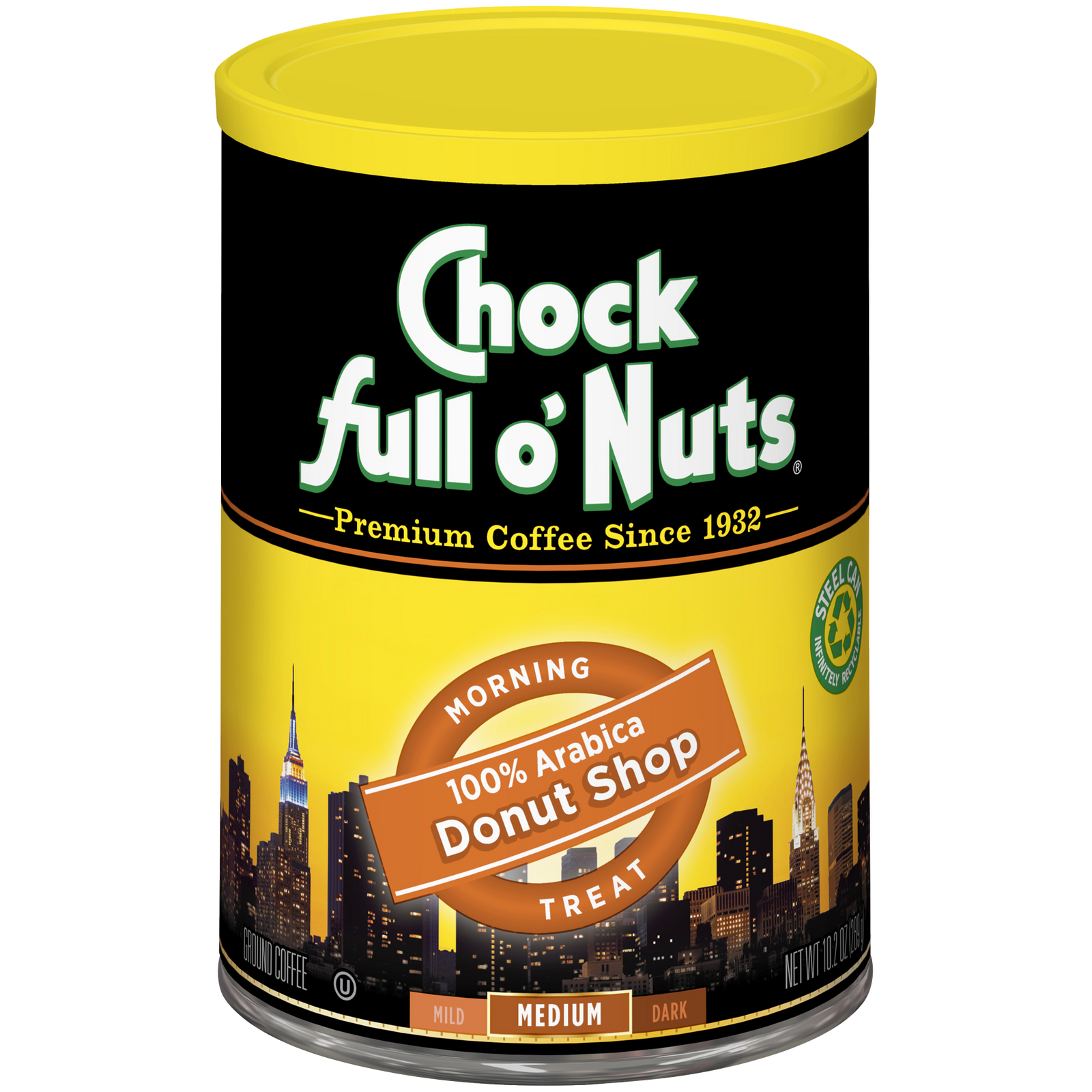 A tin of premium Arabica Chock full o'Nuts Donut Shop - Medium - Ground coffee.