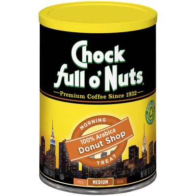 A tin of premium Arabica Chock full o'Nuts Donut Shop - Medium - Ground coffee.