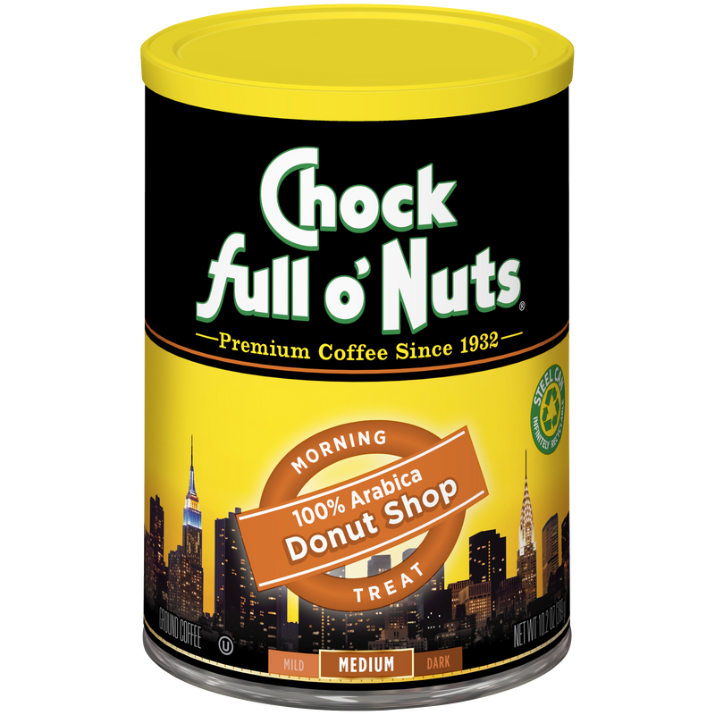 A tin of premium Arabica Chock full o'Nuts Donut Shop - Medium - Ground coffee.