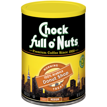 A tin of premium Arabica Chock full o'Nuts Donut Shop - Medium - Ground coffee.