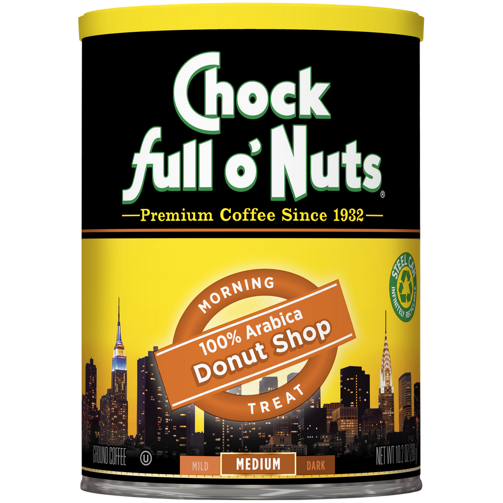 A can of Donut Shop - Medium - Ground coffee from Chock full o'Nuts brand.