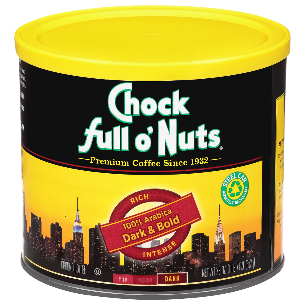 A tin of Chock full o'Nuts Dark & Bold - Dark - Ground coffee, full of bold flavor.