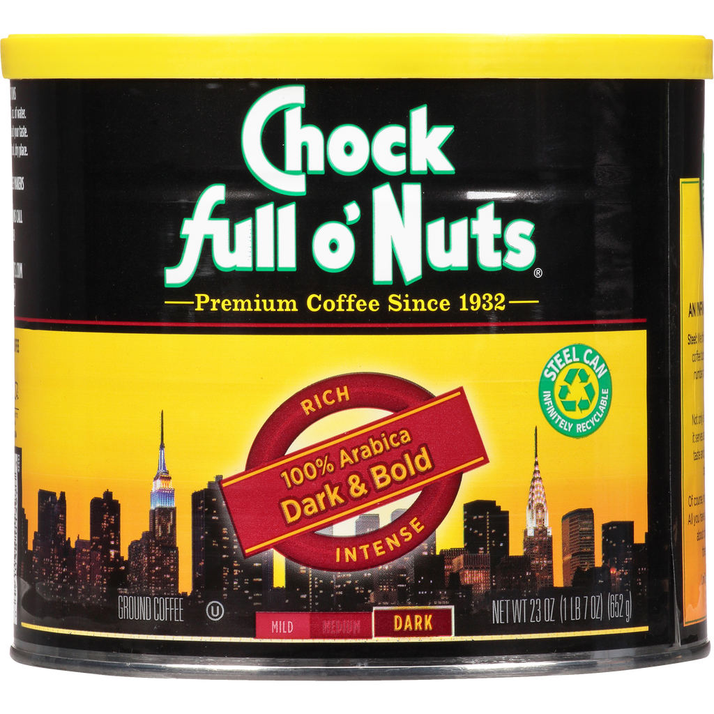 A tin of Chock full o'Nuts Dark & Bold Arabica coffee full of bold flavor.