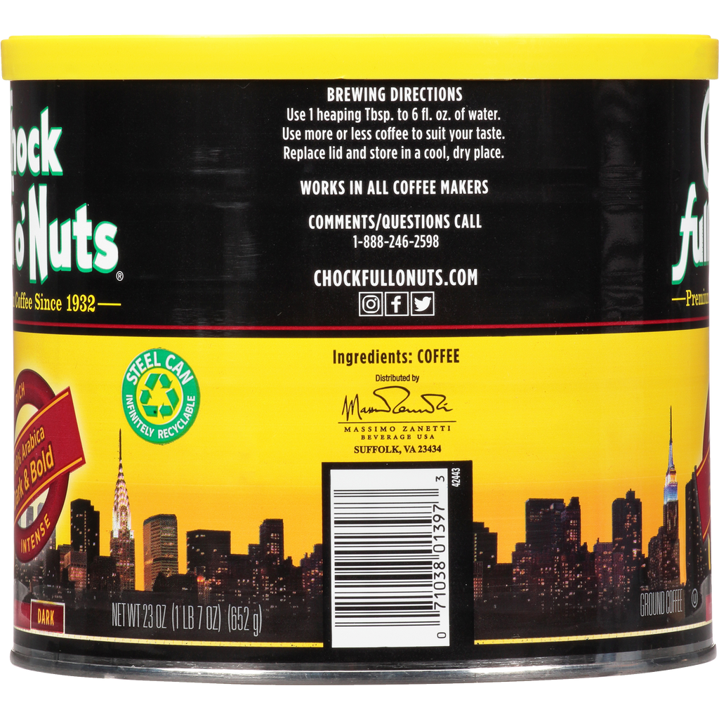 A tin of Dark & Bold - Dark - Ground nuts with a city skyline in the background, perfect for enjoying alongside a premium Arabica coffee from Chock full o'Nuts.
