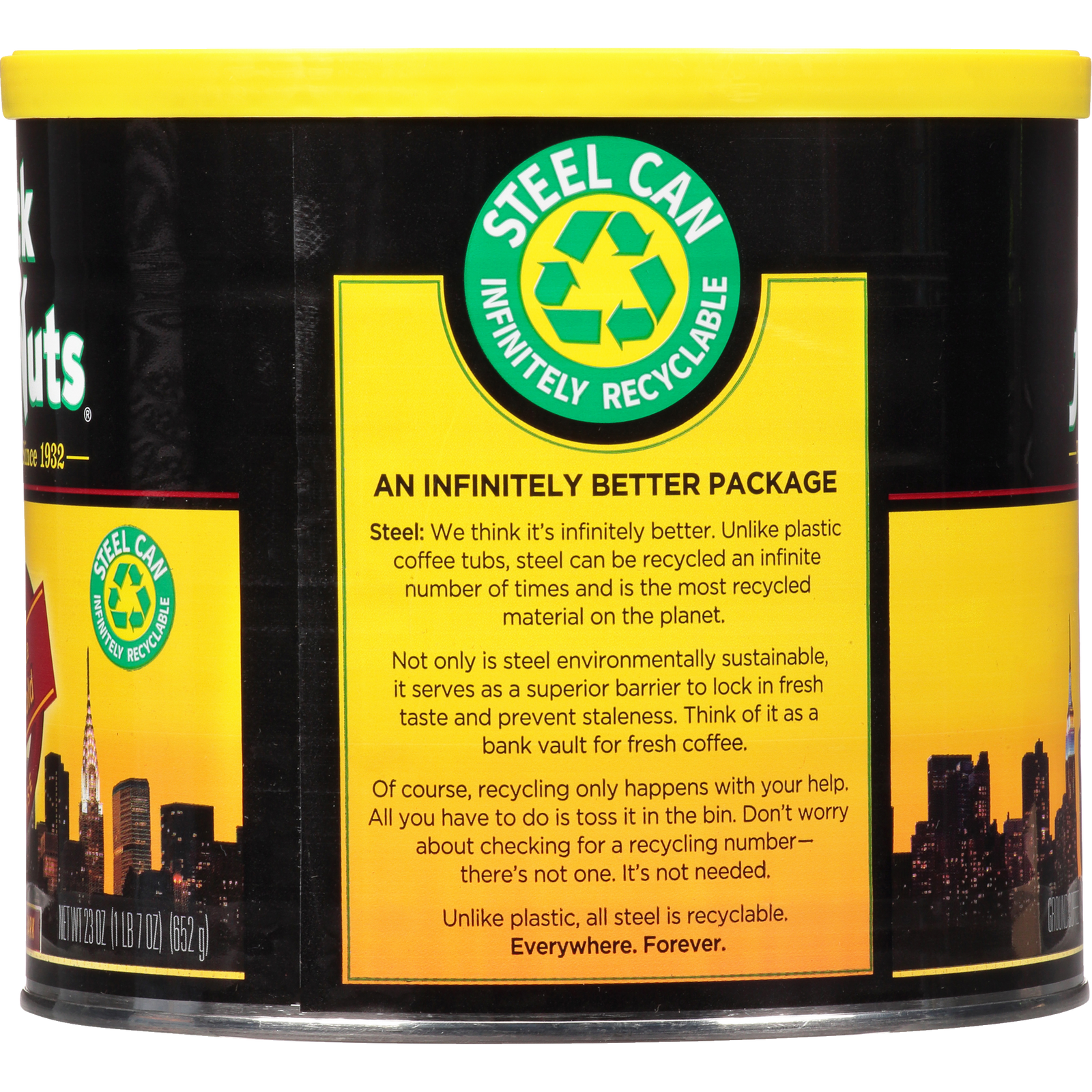 A Dark & Bold - Dark - Ground premium Arabica coffee in a Chock full o'Nuts tin of steel can with a city in the background.