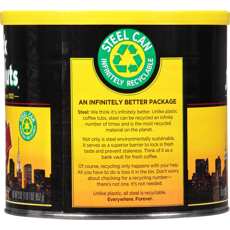 A Dark & Bold - Dark - Ground premium Arabica coffee in a Chock full o'Nuts tin of steel can with a city in the background.