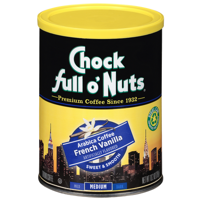 A tin of Chock full o'Nuts French Vanilla - Medium - Ground coffee with premium beans.