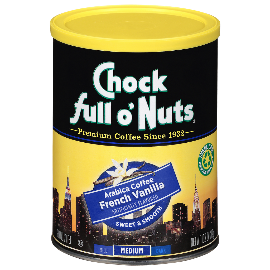 A tin of Chock full o'Nuts French Vanilla - Medium - Ground coffee with premium beans.