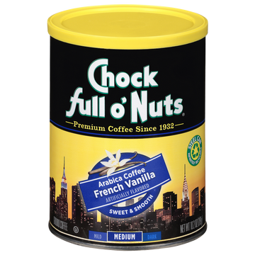 A tin of Chock full o'Nuts French Vanilla - Medium - Ground coffee with premium beans.